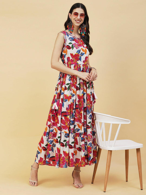 Floral Tropical Printed Mirror Embroidered Tiered Maxi Dress - Multi - Indiakreations