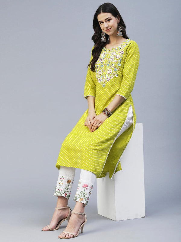 Barfi Printed Resham & Sequins Embroidered Kurta - Lime Green - Indiakreations