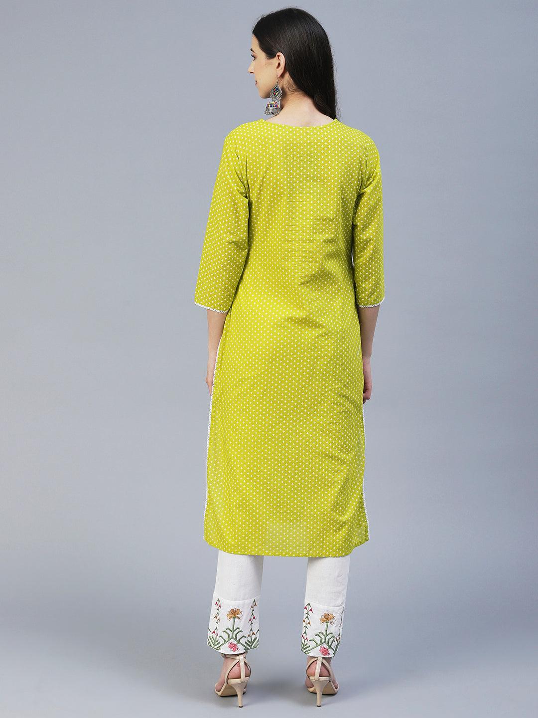 Barfi Printed Resham & Sequins Embroidered Kurta - Lime Green - Indiakreations