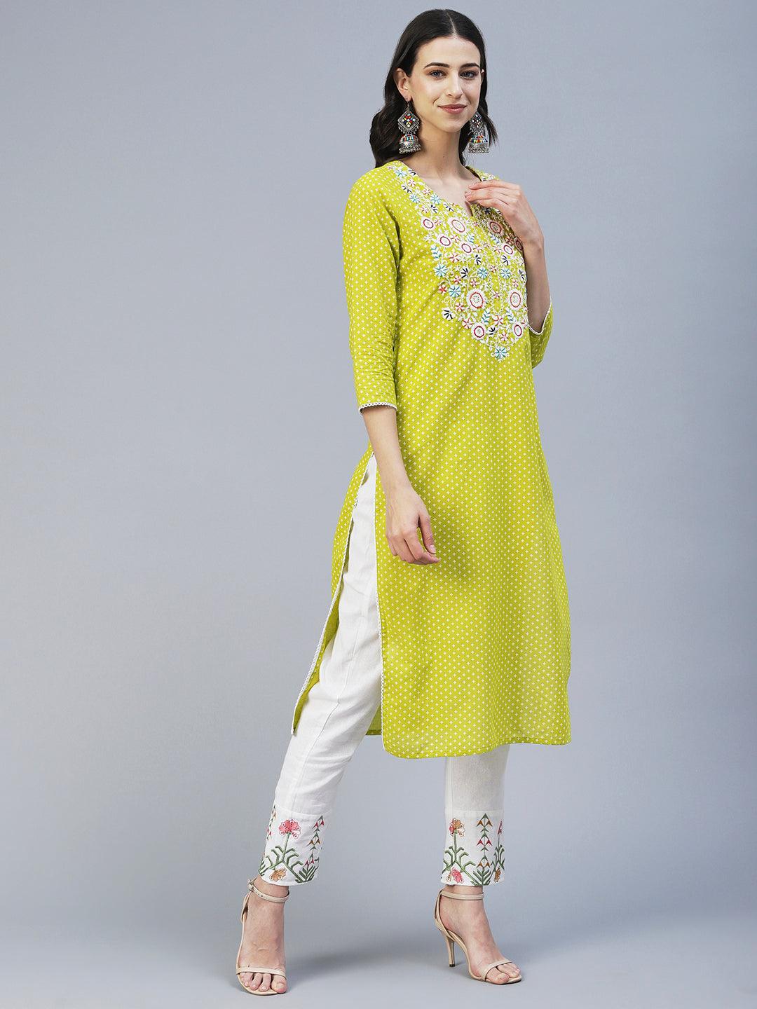 Barfi Printed Resham & Sequins Embroidered Kurta - Lime Green - Indiakreations