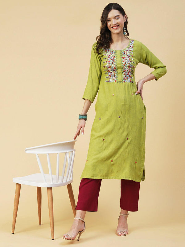 Self Design Checks Resham & Mirror Embroidered Kurta - Lime Green - Indiakreations