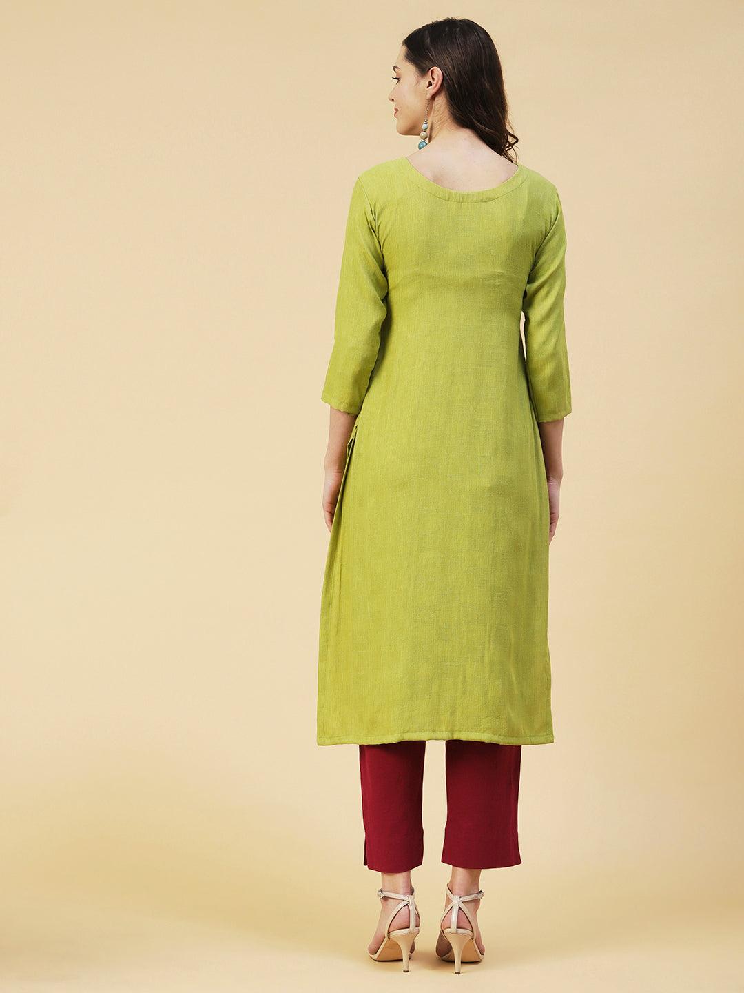 Self Design Checks Resham & Mirror Embroidered Kurta - Lime Green - Indiakreations