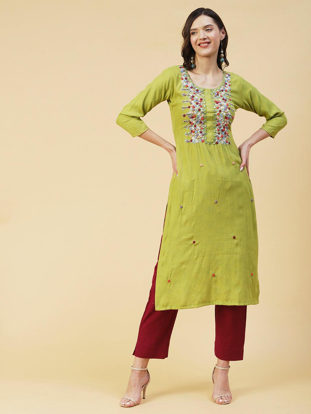 Self Design Checks Resham & Mirror Embroidered Kurta - Lime Green - Indiakreations