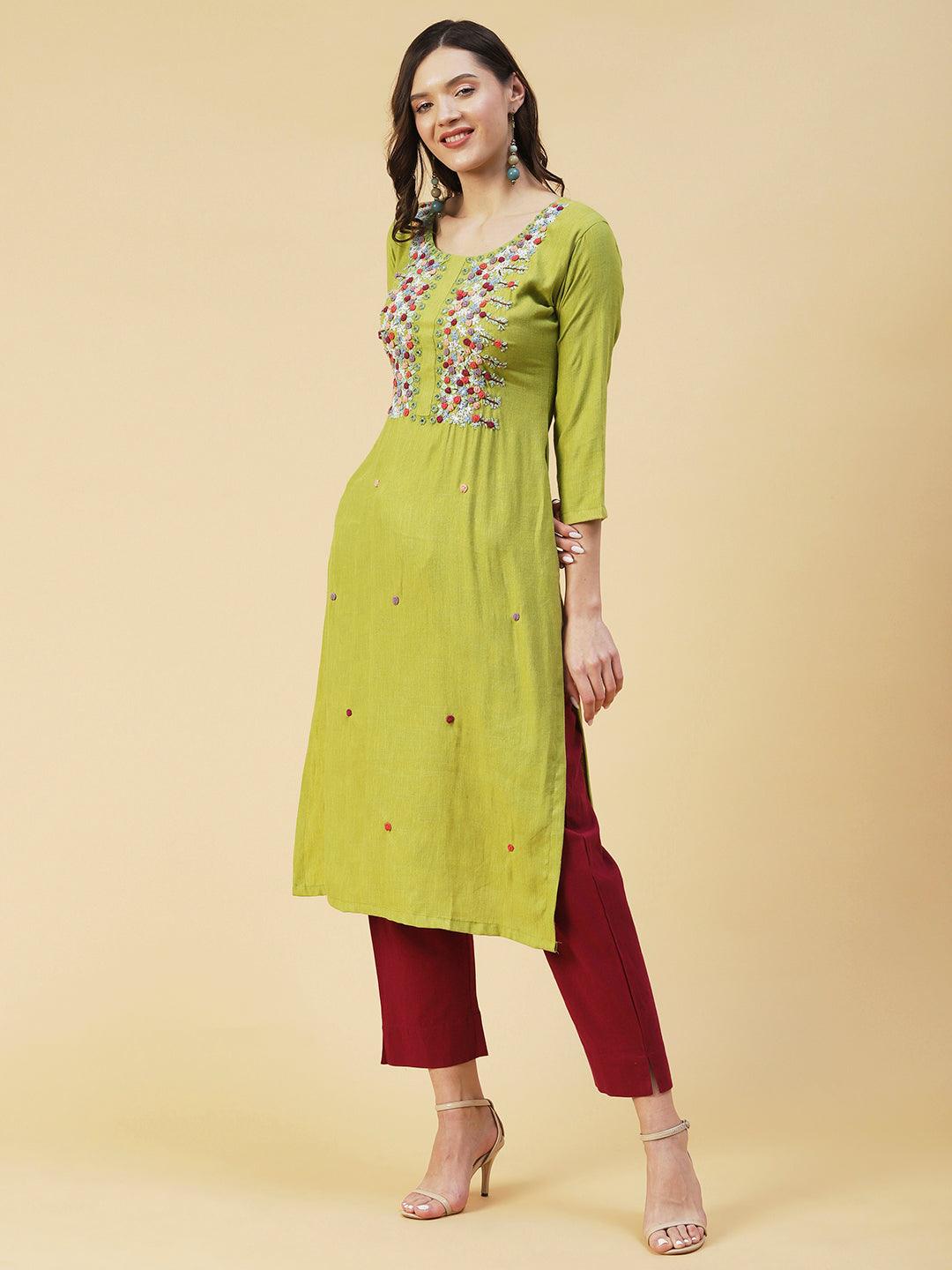 Self Design Checks Resham & Mirror Embroidered Kurta - Lime Green - Indiakreations