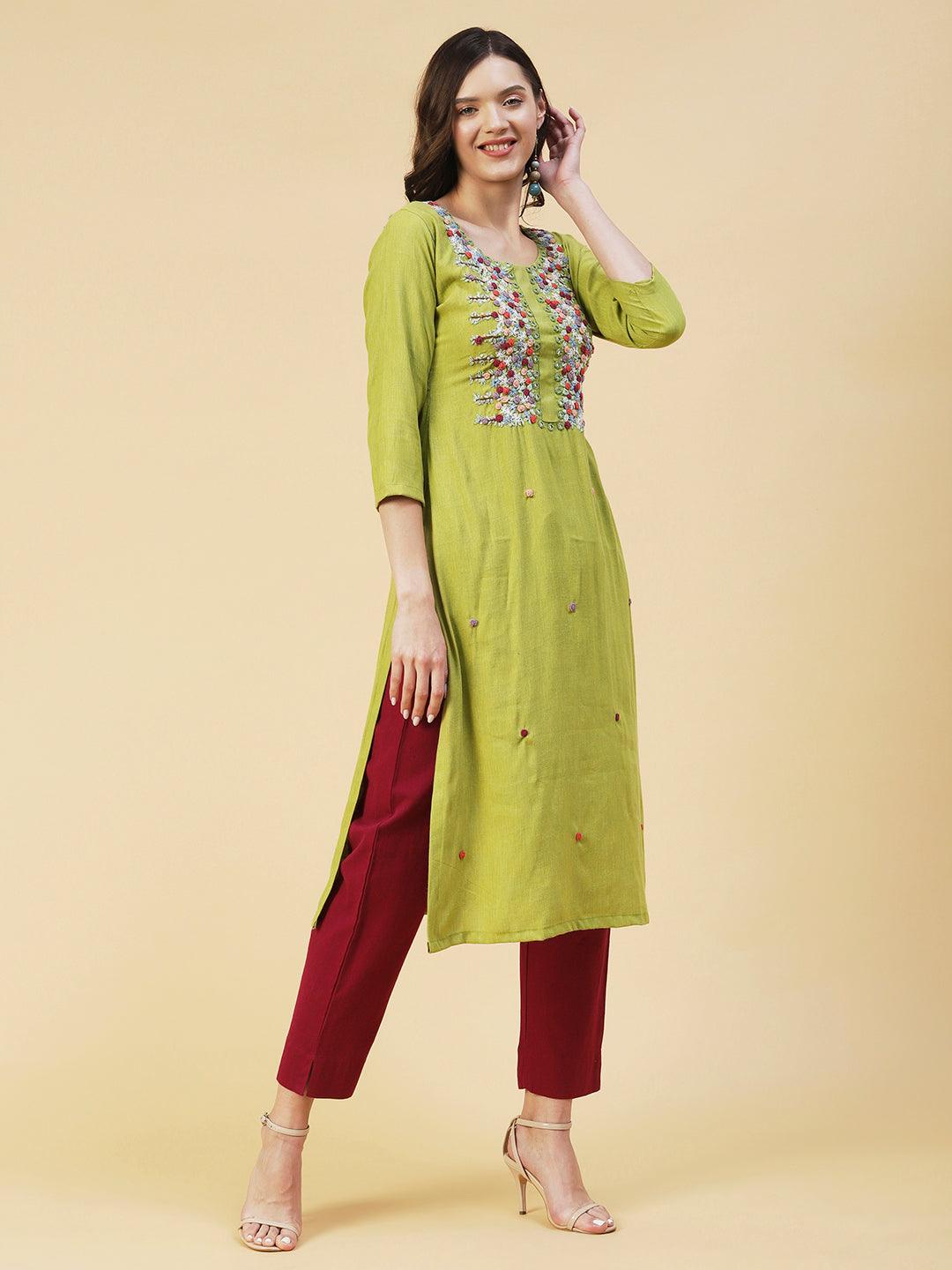 Self Design Checks Resham & Mirror Embroidered Kurta - Lime Green - Indiakreations