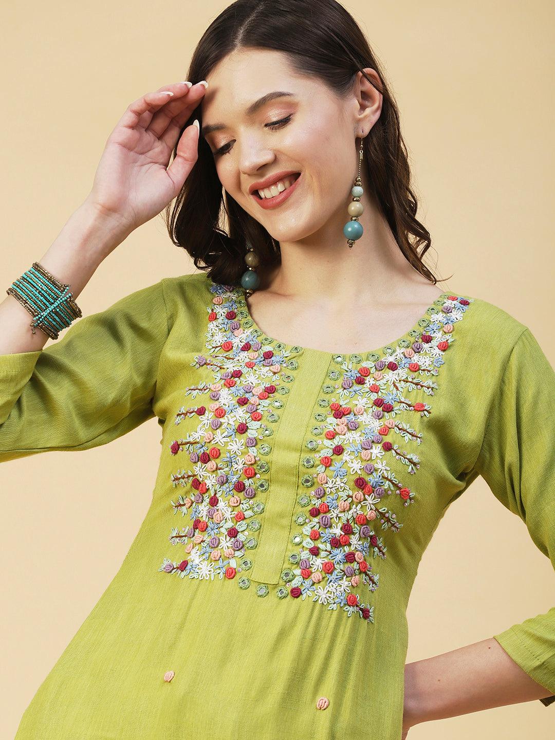 Self Design Checks Resham & Mirror Embroidered Kurta - Lime Green - Indiakreations