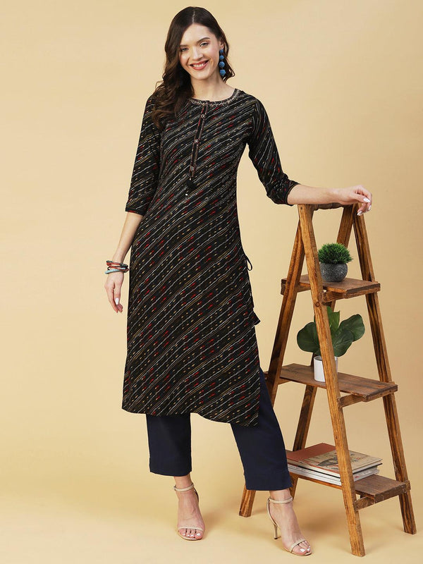 Lehriya Printed Resham & Mirror Embroidered Kurta - Black - Indiakreations