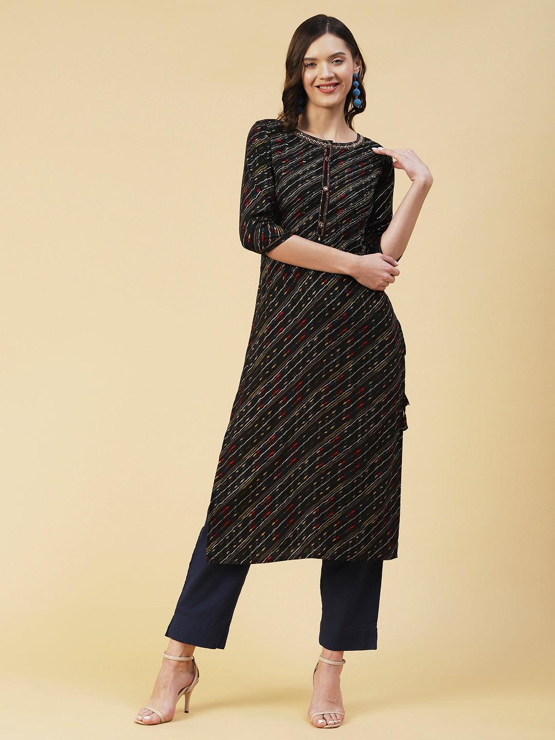 Lehriya Printed Resham & Mirror Embroidered Kurta - Black - Indiakreations