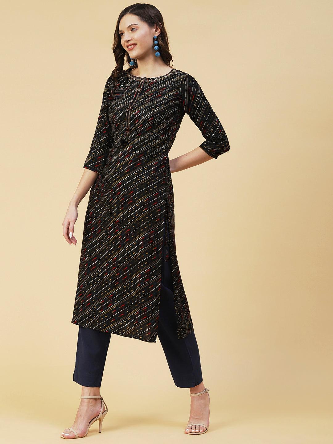 Lehriya Printed Resham & Mirror Embroidered Kurta - Black - Indiakreations