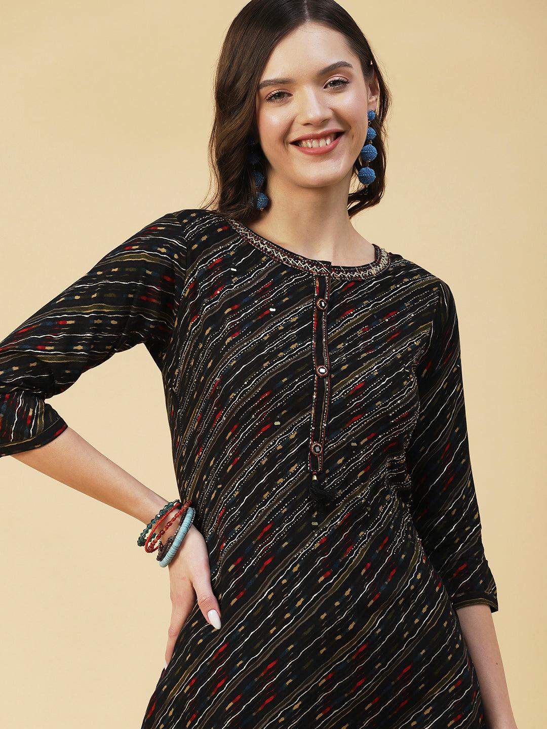 Lehriya Printed Resham & Mirror Embroidered Kurta - Black - Indiakreations