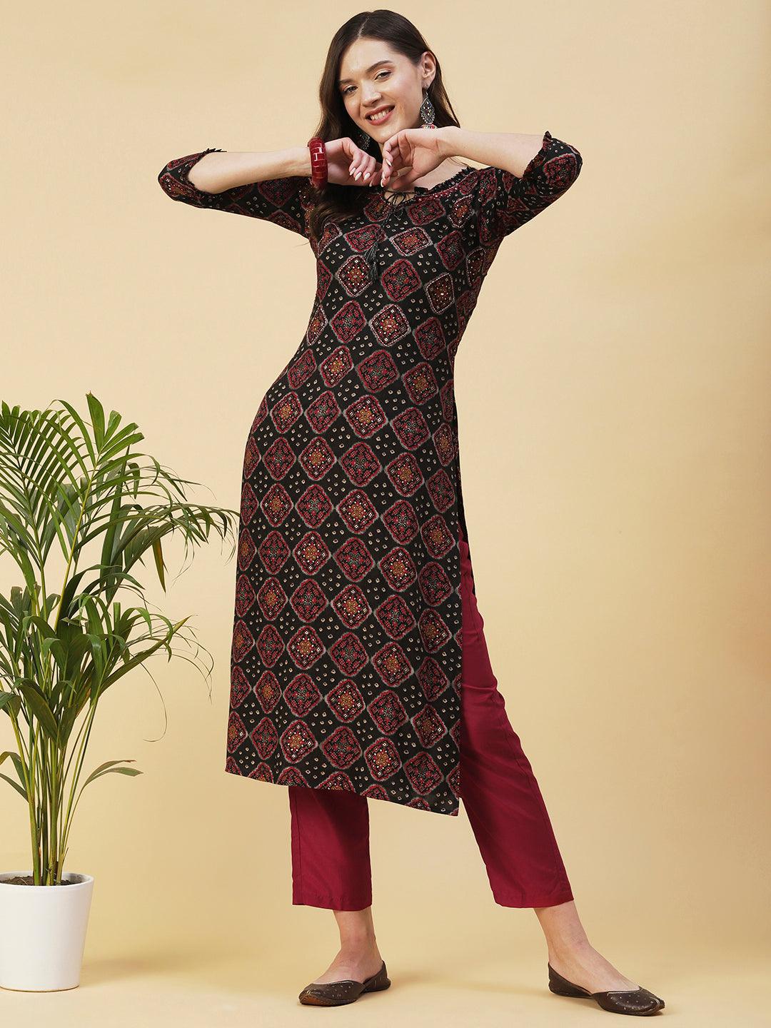 Bandhani & Geometric Printed Mirror Embroidered Kurta - Black - Indiakreations