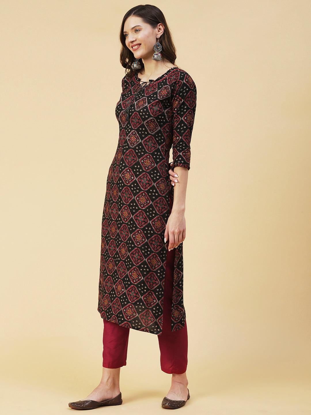 Bandhani & Geometric Printed Mirror Embroidered Kurta - Black - Indiakreations