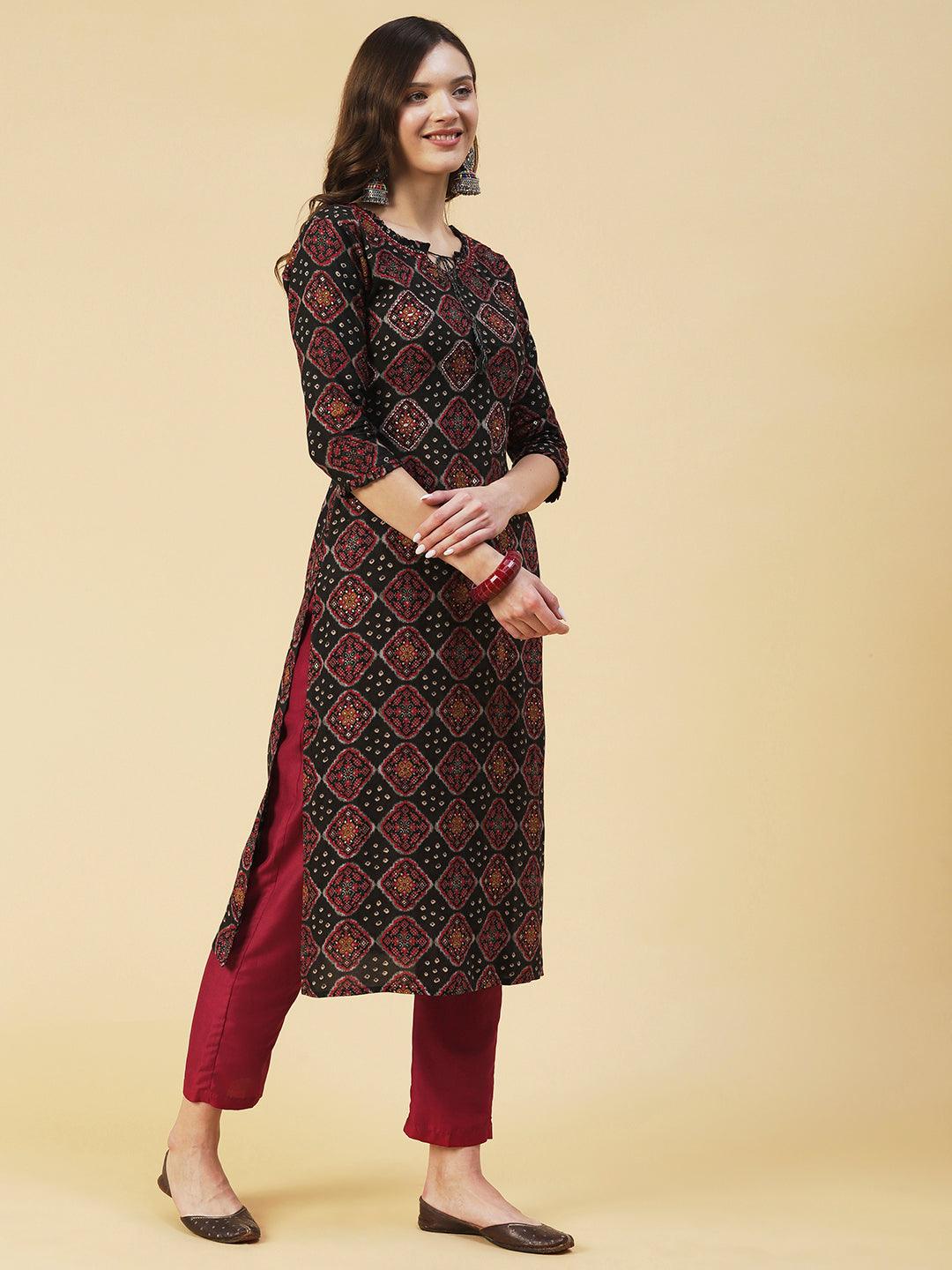 Bandhani & Geometric Printed Mirror Embroidered Kurta - Black - Indiakreations