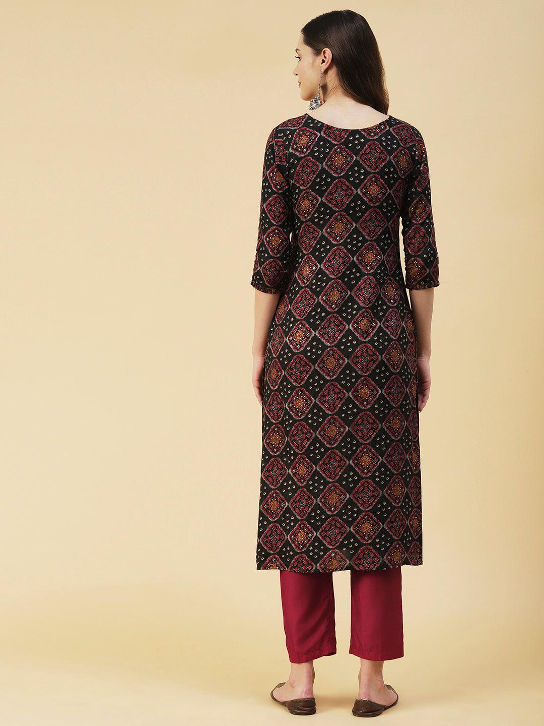 Bandhani & Geometric Printed Mirror Embroidered Kurta - Black - Indiakreations