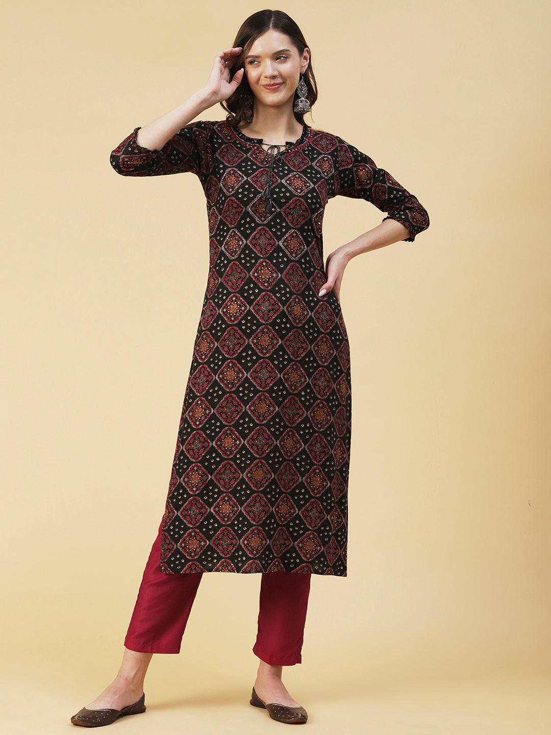 Bandhani & Geometric Printed Mirror Embroidered Kurta - Black - Indiakreations