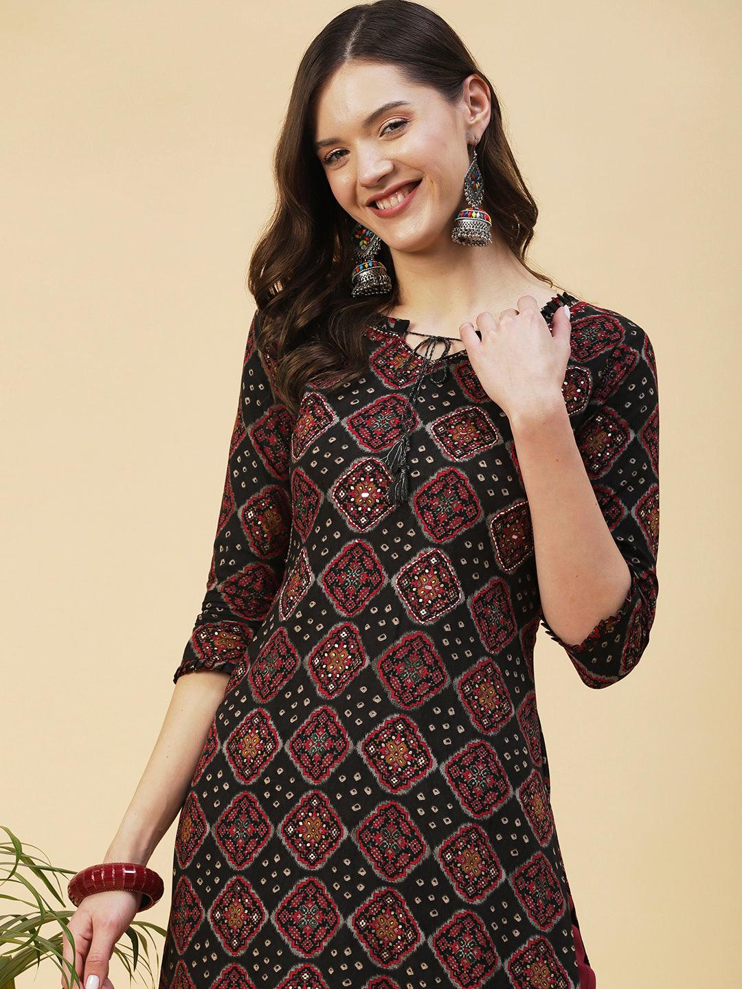 Bandhani & Geometric Printed Mirror Embroidered Kurta - Black - Indiakreations