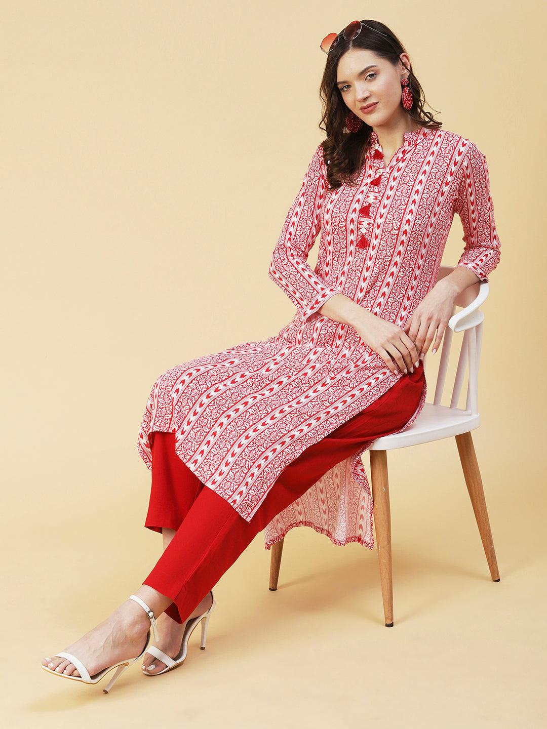 Floral & Abtrast Printed Fringed Tasseled Kurta - Red - Indiakreations