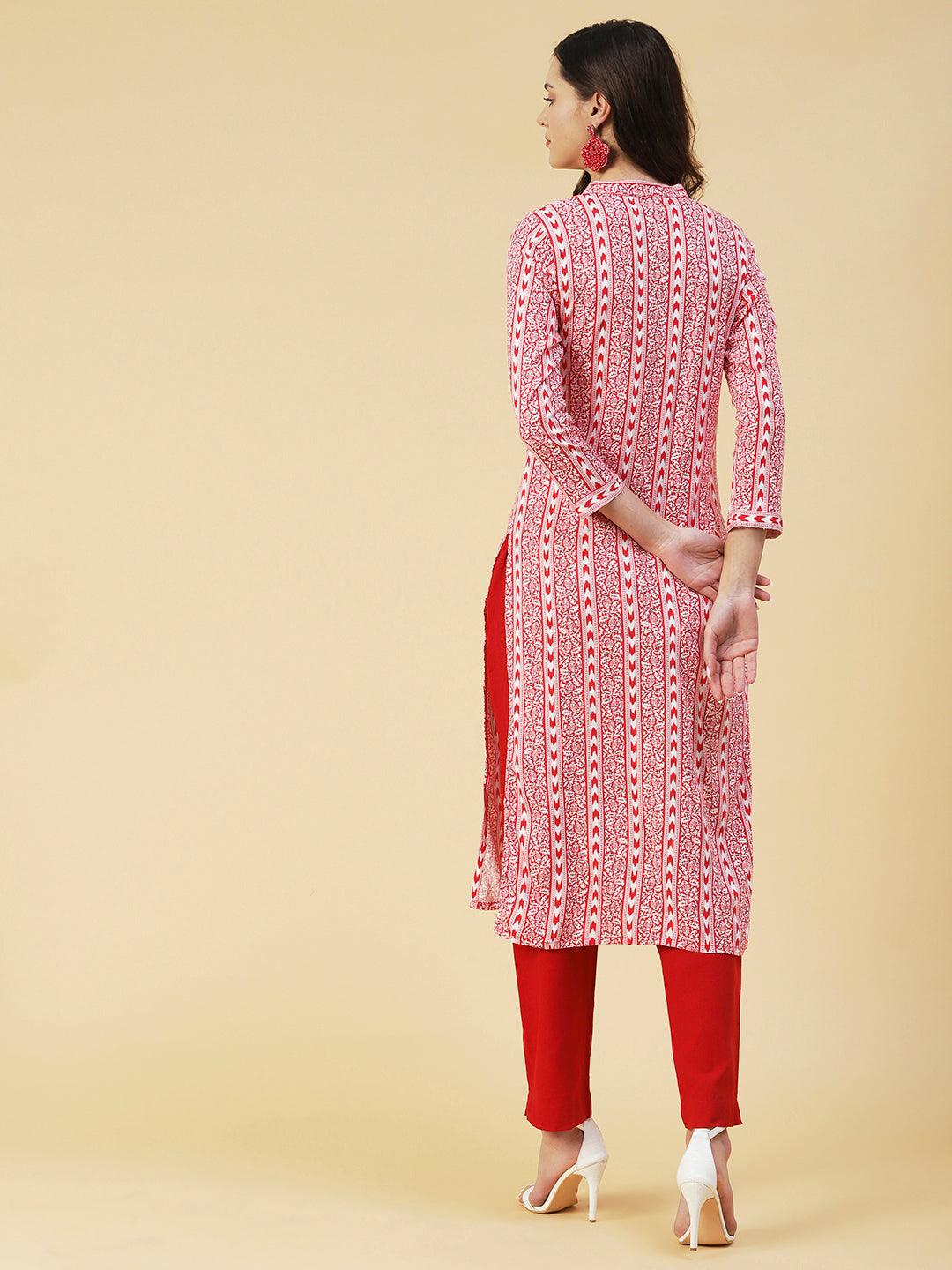 Floral & Abtrast Printed Fringed Tasseled Kurta - Red - Indiakreations