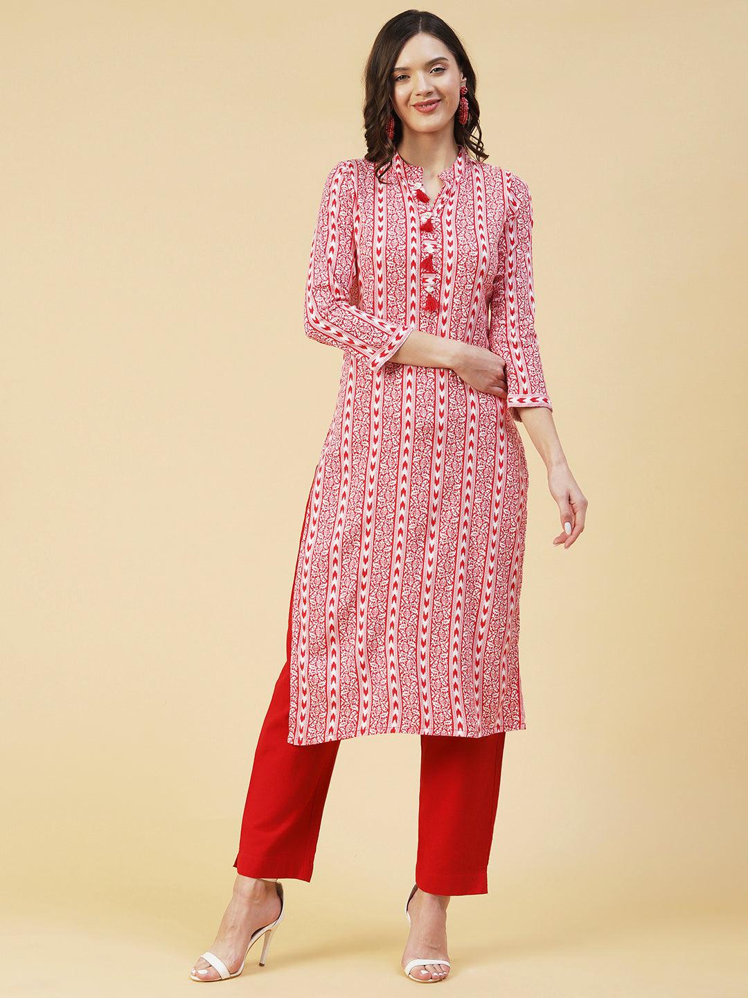 Floral & Abtrast Printed Fringed Tasseled Kurta - Red - Indiakreations