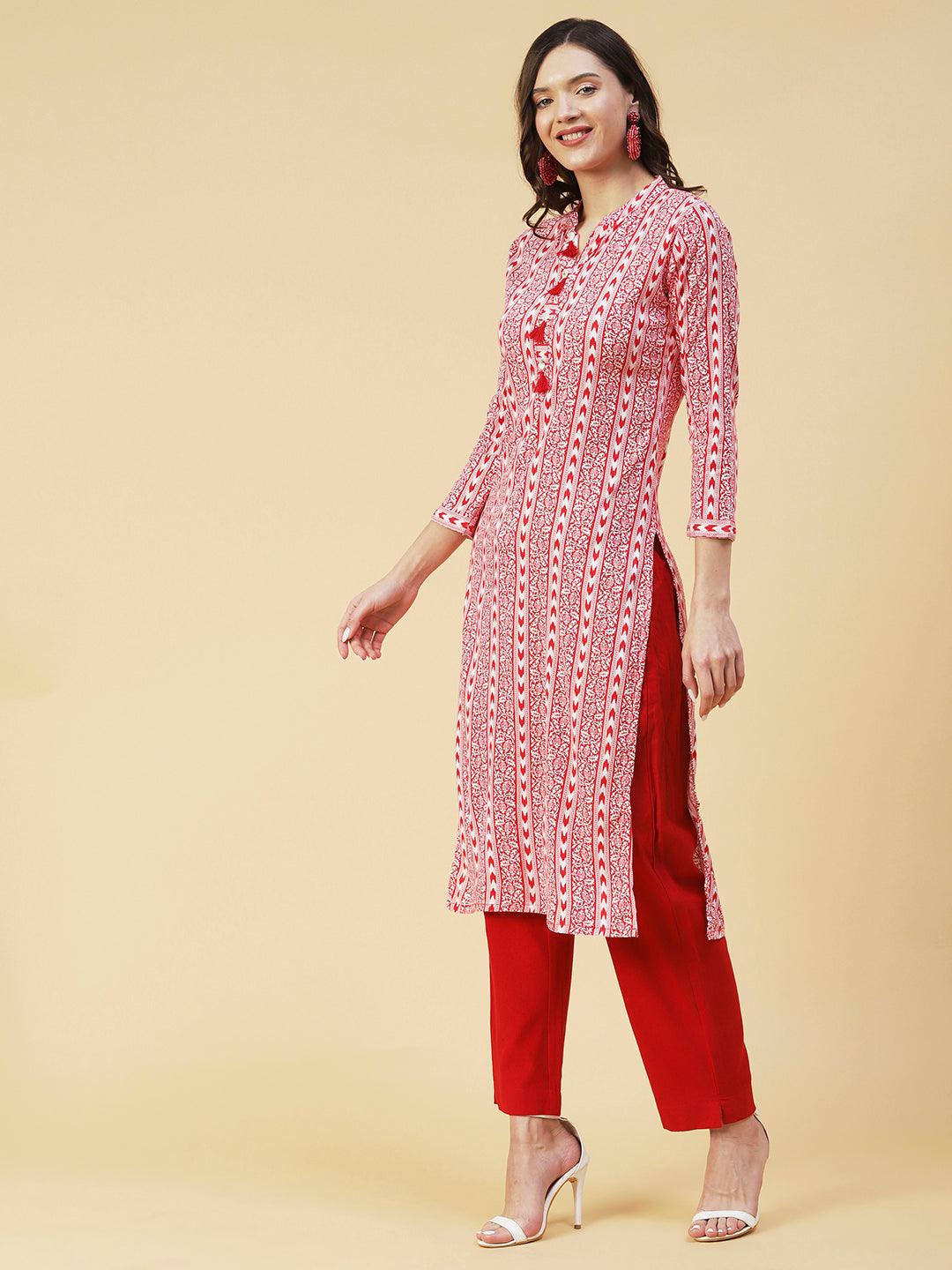 Floral & Abtrast Printed Fringed Tasseled Kurta - Red - Indiakreations