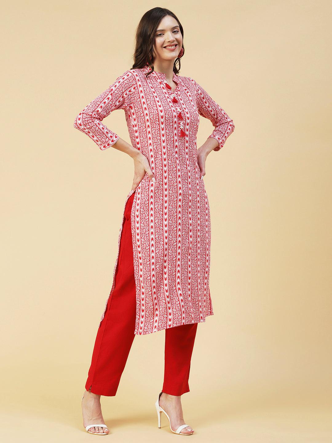 Floral & Abtrast Printed Fringed Tasseled Kurta - Red - Indiakreations