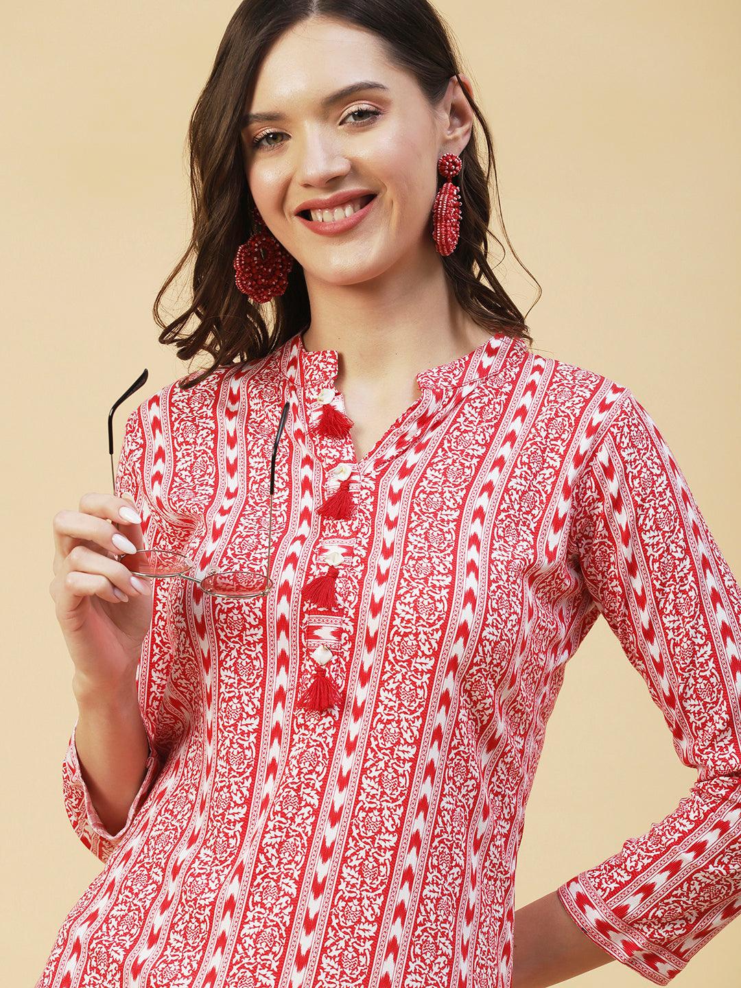 Floral & Abtrast Printed Fringed Tasseled Kurta - Red - Indiakreations