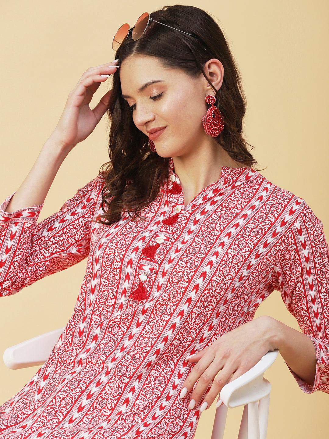 Floral & Abtrast Printed Fringed Tasseled Kurta - Red - Indiakreations