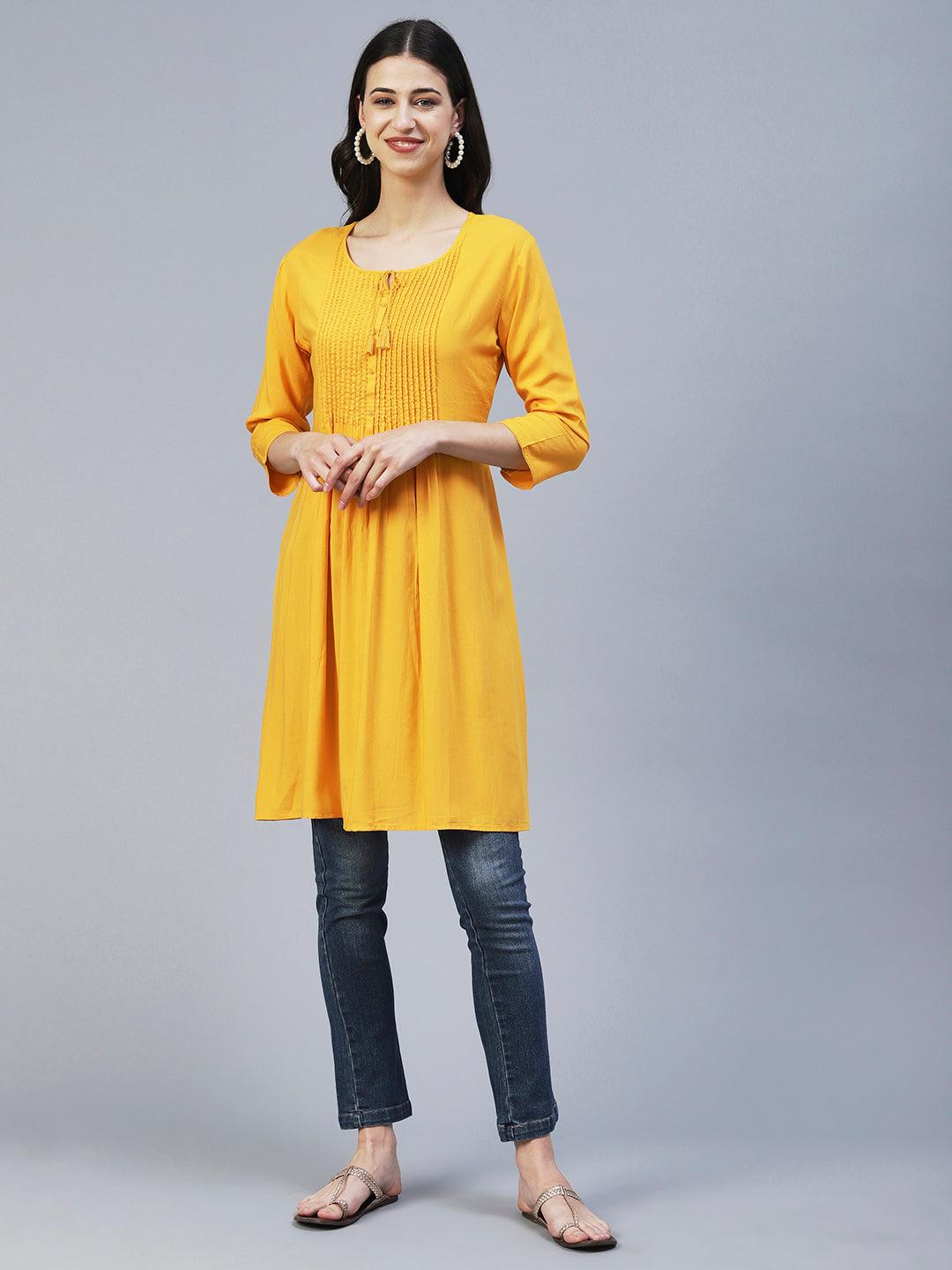 Solid Beads Embroidered Pin Tucks Kurta - Mustard - Indiakreations