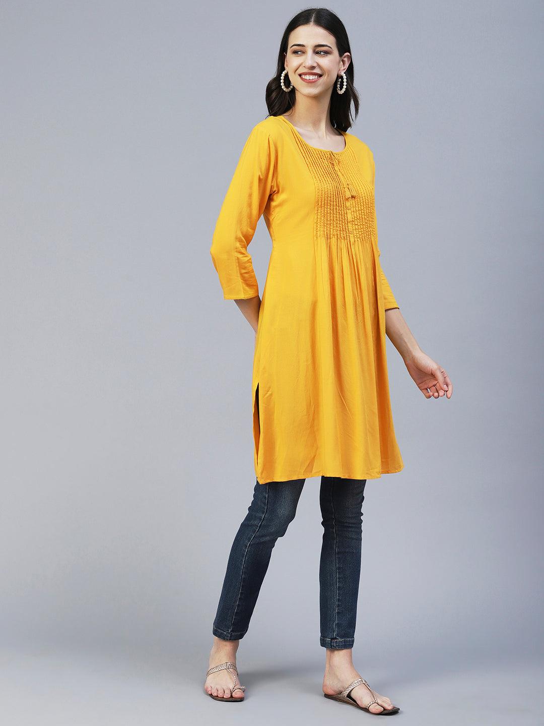 Solid Beads Embroidered Pin Tucks Kurta - Mustard - Indiakreations