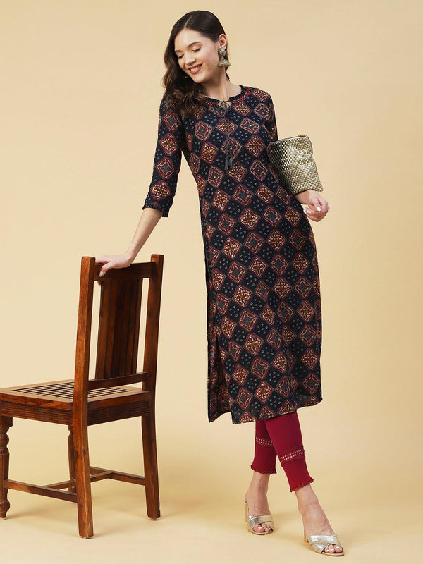 Bandhani & Geometric Printed Mirror Embroidered Kurta - Navy Blue - Indiakreations