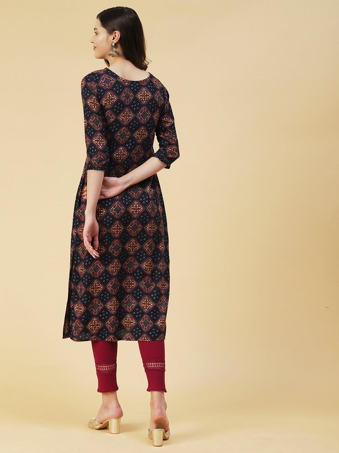 Bandhani & Geometric Printed Mirror Embroidered Kurta - Navy Blue - Indiakreations