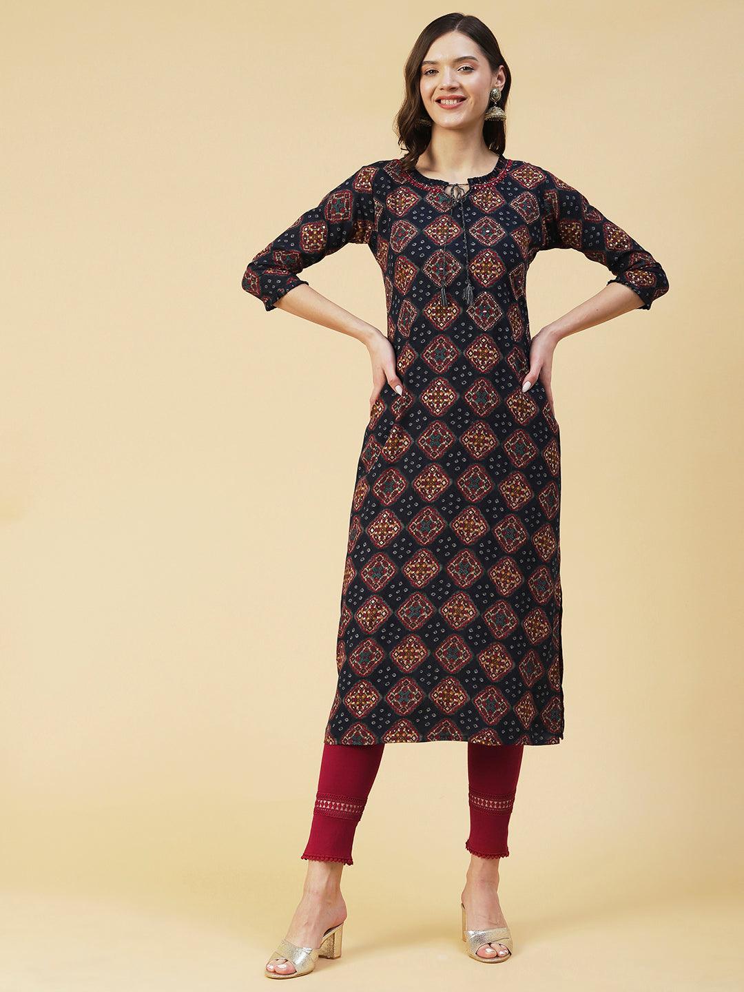 Bandhani & Geometric Printed Mirror Embroidered Kurta - Navy Blue - Indiakreations