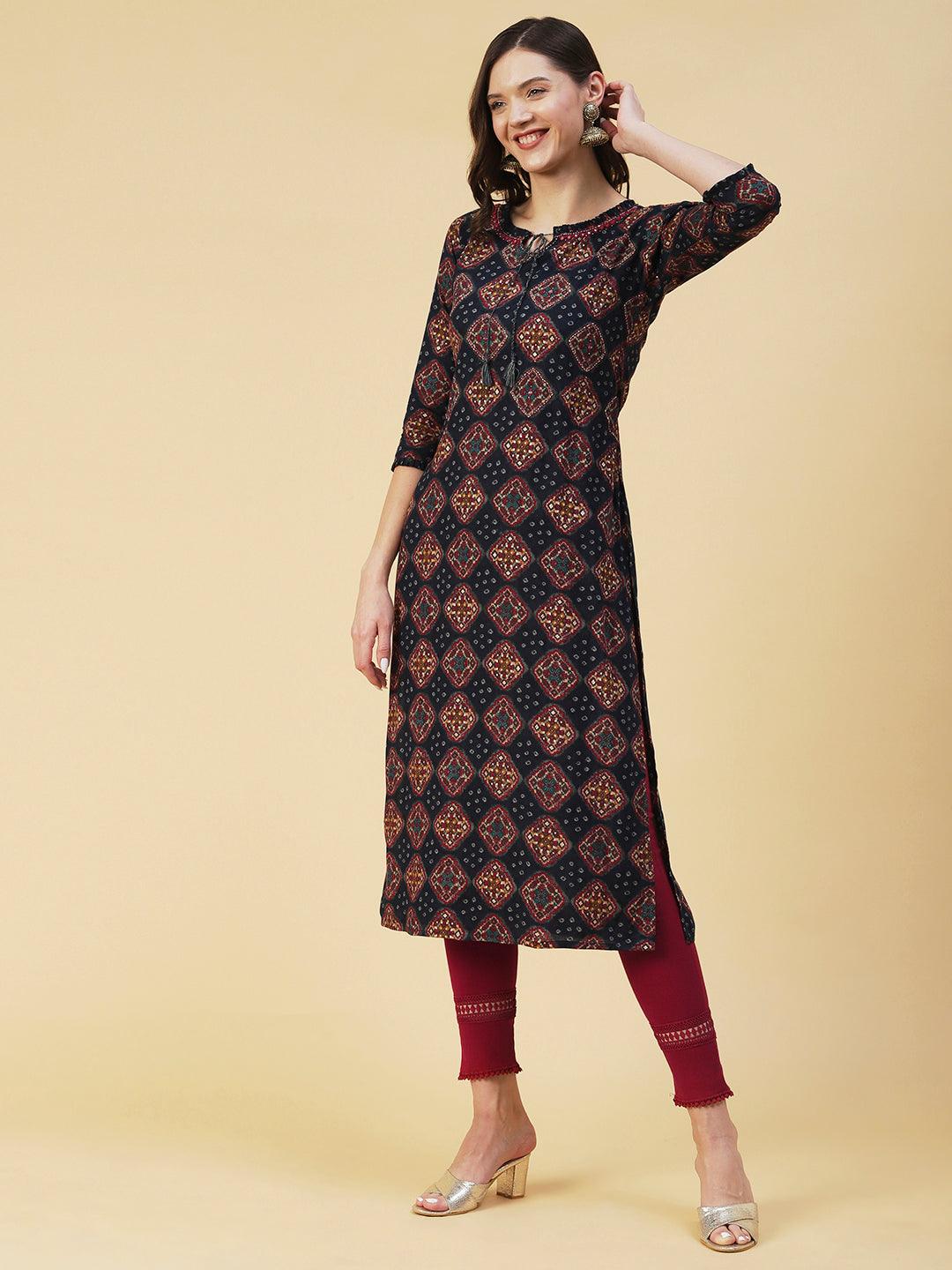 Bandhani & Geometric Printed Mirror Embroidered Kurta - Navy Blue - Indiakreations