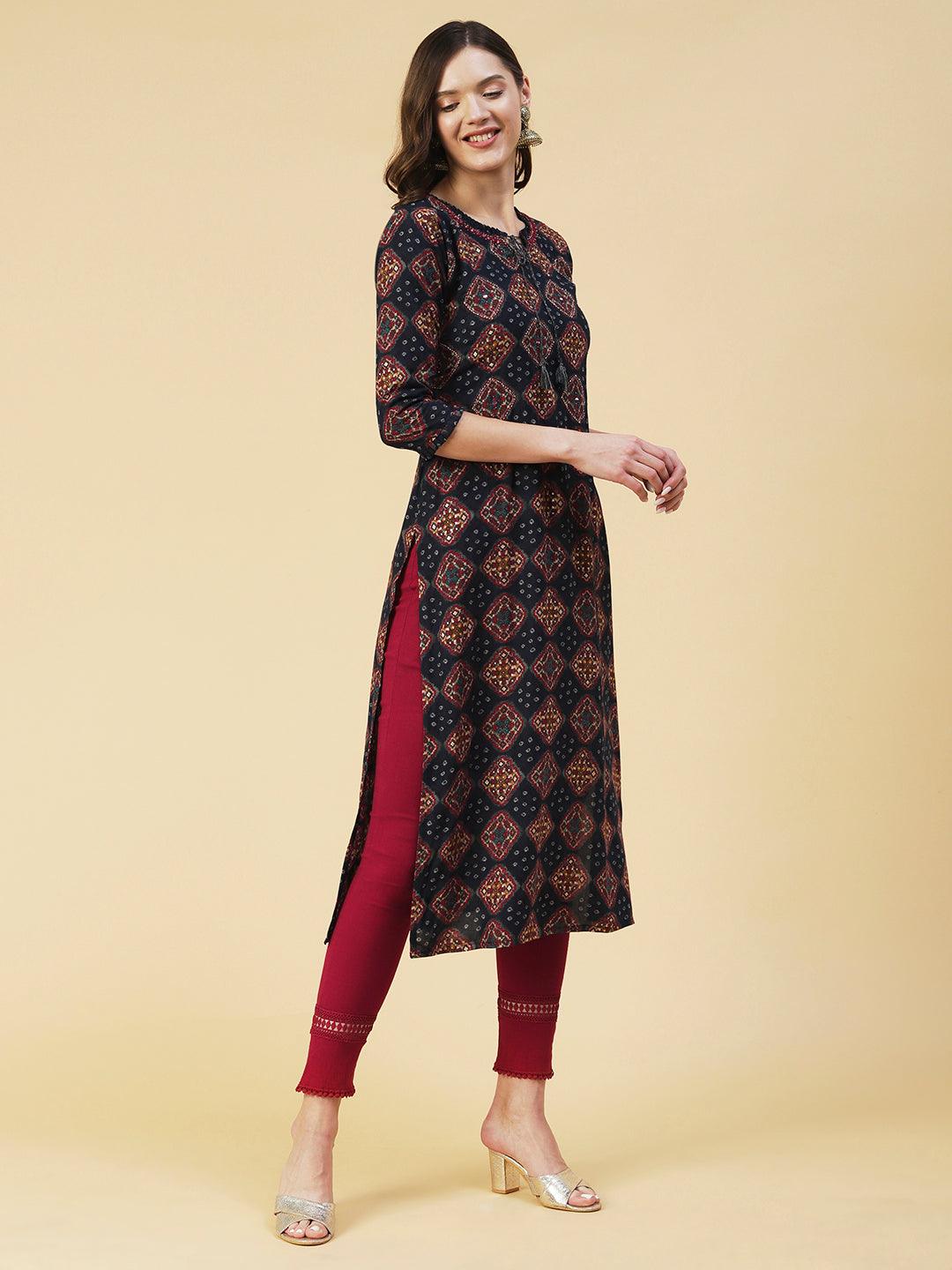 Bandhani & Geometric Printed Mirror Embroidered Kurta - Navy Blue - Indiakreations