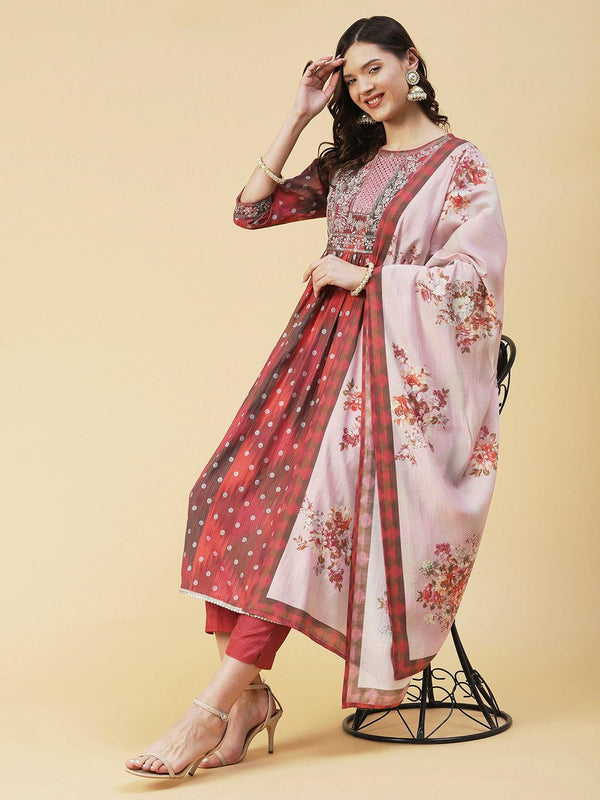 Abstract Printed Embroidered High Slit Kurta With Pants & Dupatta - Multi - Indiakreations