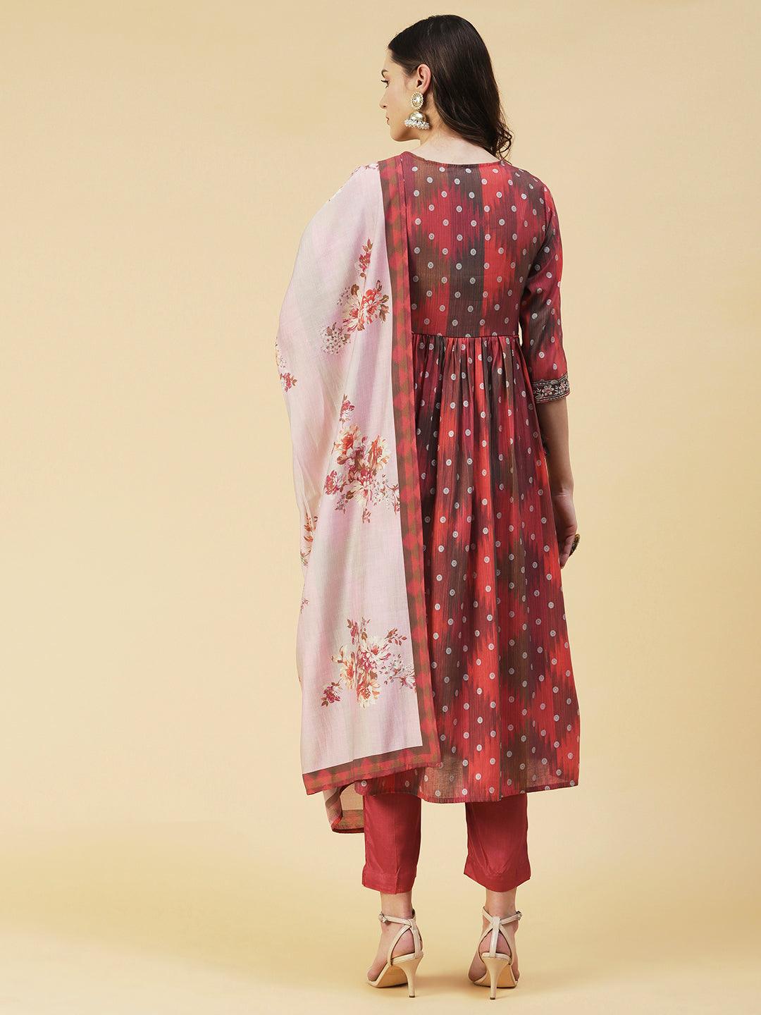 Abstract Printed Embroidered High Slit Kurta With Pants & Dupatta - Multi - Indiakreations