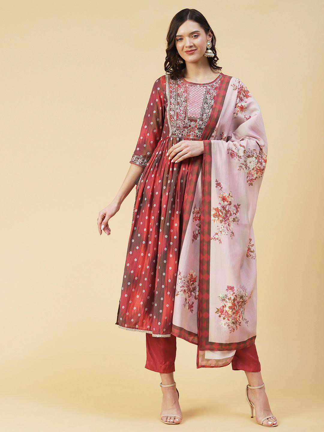 Abstract Printed Embroidered High Slit Kurta With Pants & Dupatta - Multi - Indiakreations