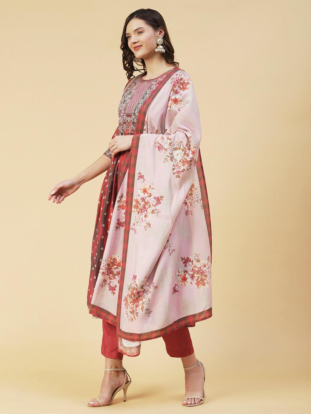 Abstract Printed Embroidered High Slit Kurta With Pants & Dupatta - Multi - Indiakreations