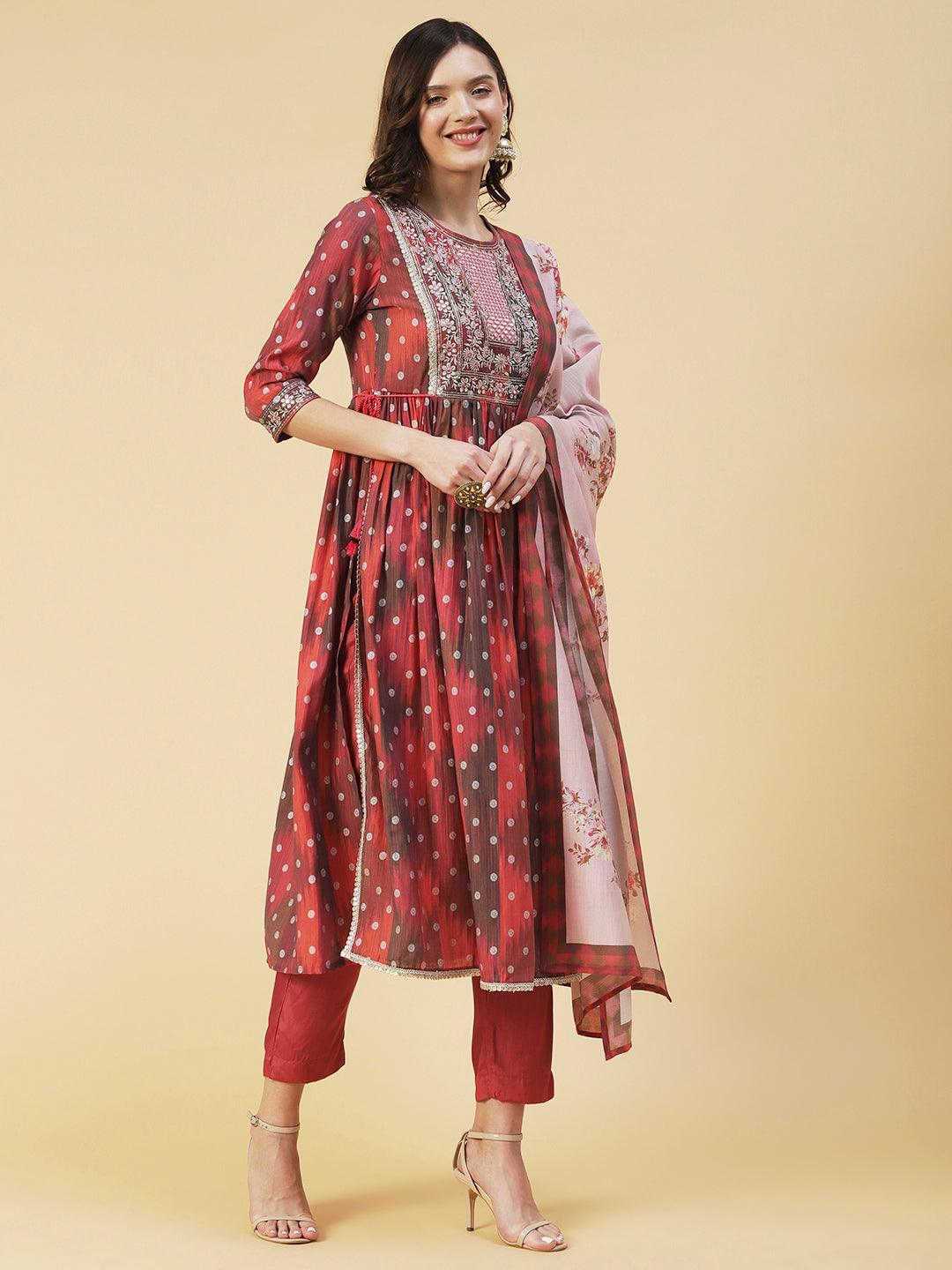 Abstract Printed Embroidered High Slit Kurta With Pants & Dupatta - Multi - Indiakreations