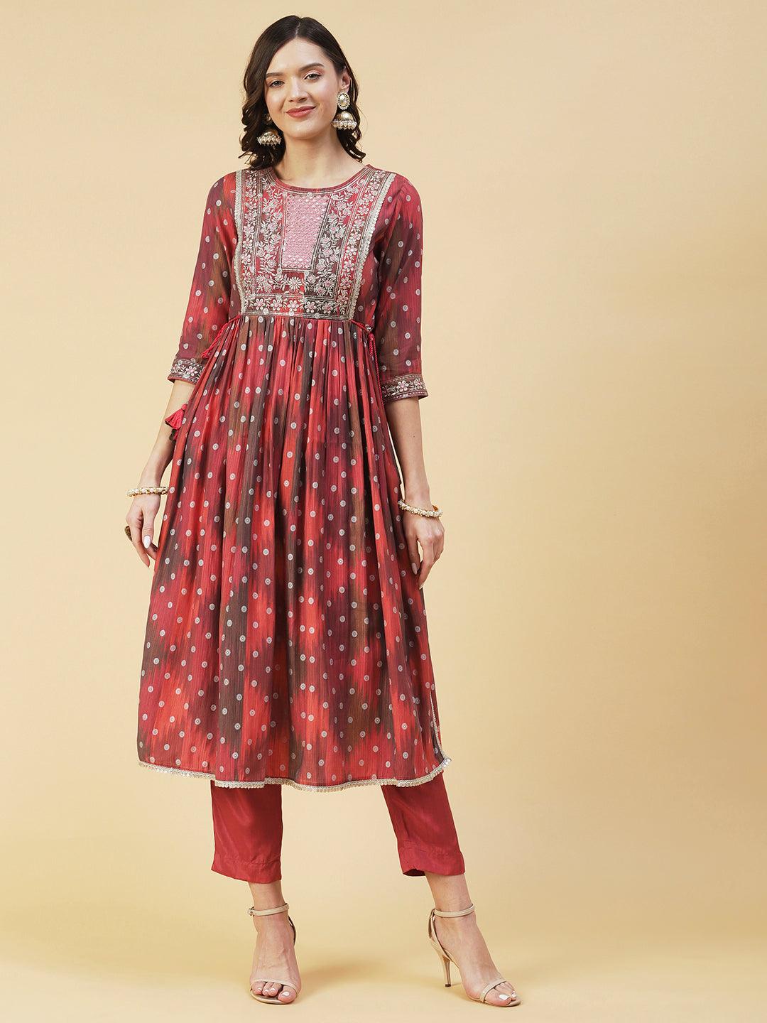 Abstract Printed Embroidered High Slit Kurta With Pants & Dupatta - Multi - Indiakreations