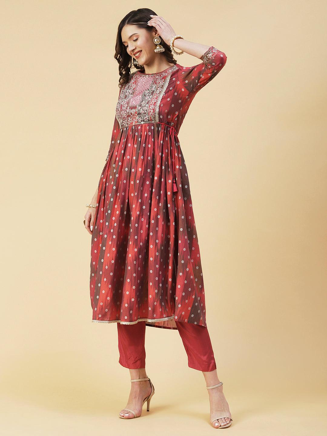 Abstract Printed Embroidered High Slit Kurta With Pants & Dupatta - Multi - Indiakreations