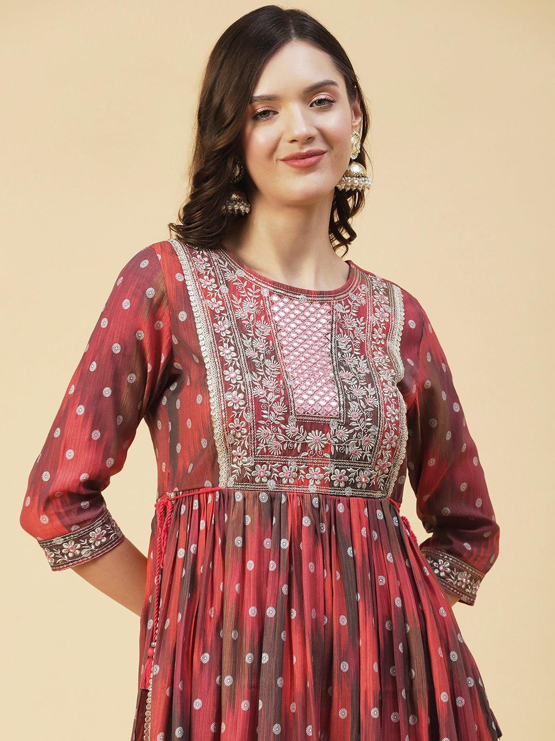 Abstract Printed Embroidered High Slit Kurta With Pants & Dupatta - Multi - Indiakreations