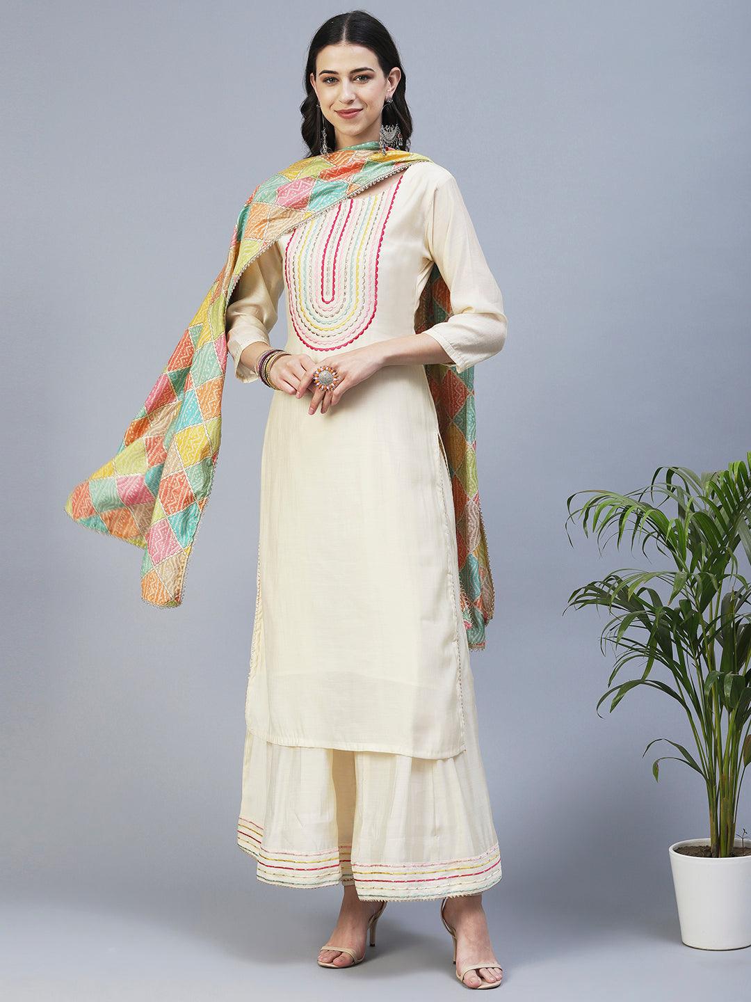 Solid Resham Embroidered Kurta With Palazzo & Printed Dupatta - Cream - Indiakreations