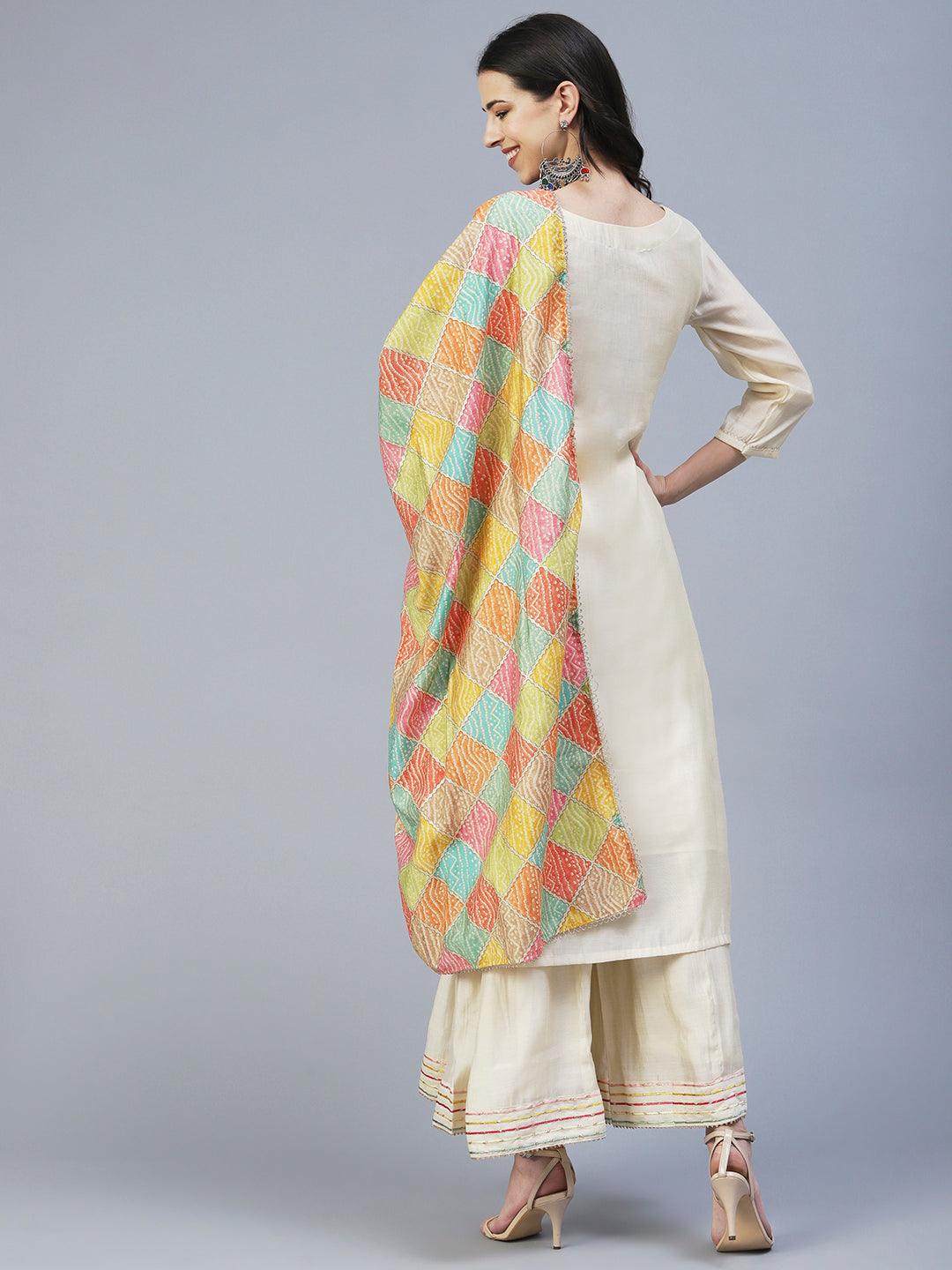 Solid Resham Embroidered Kurta With Palazzo & Printed Dupatta - Cream - Indiakreations