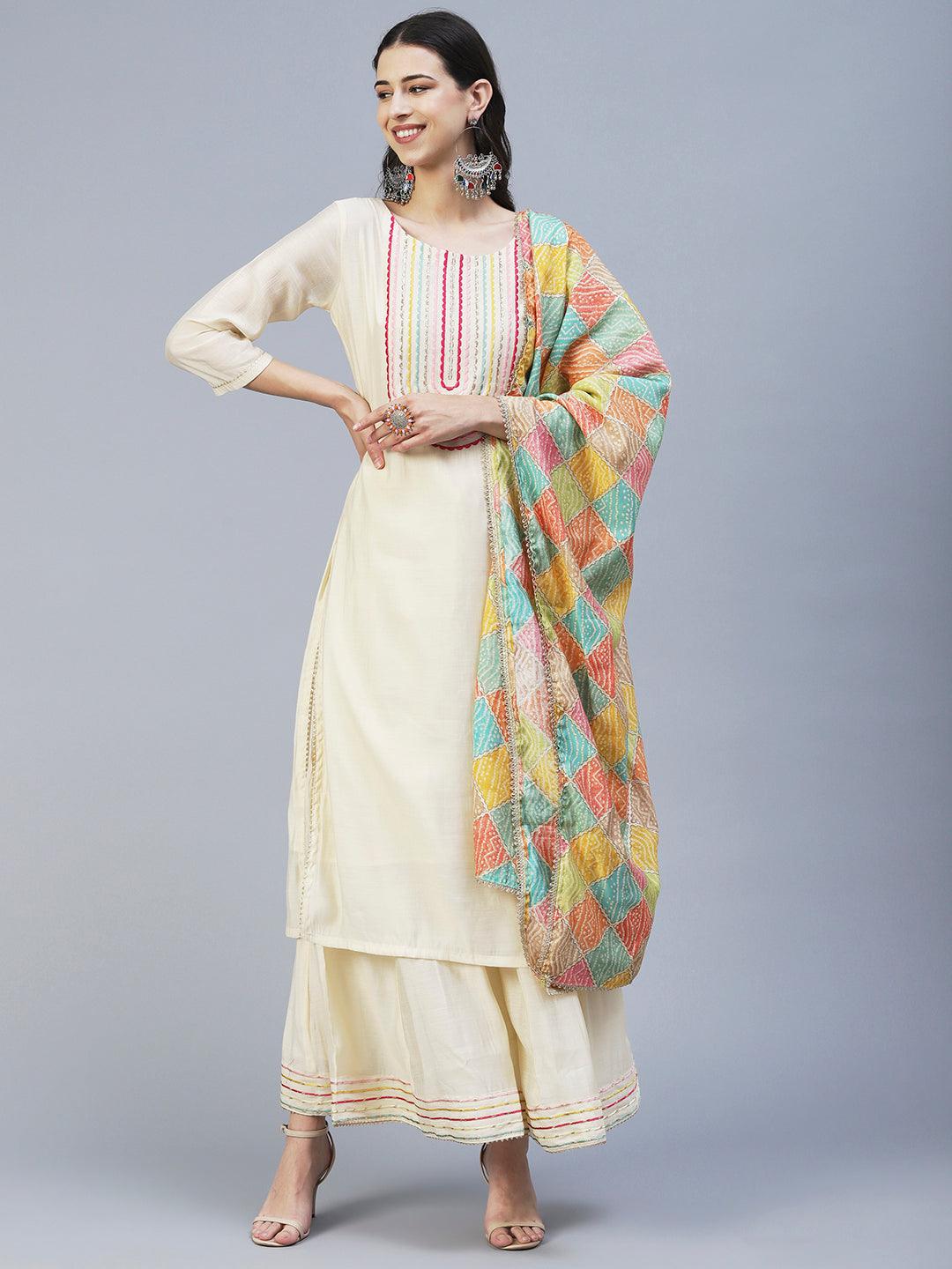 Solid Resham Embroidered Kurta With Palazzo & Printed Dupatta - Cream - Indiakreations