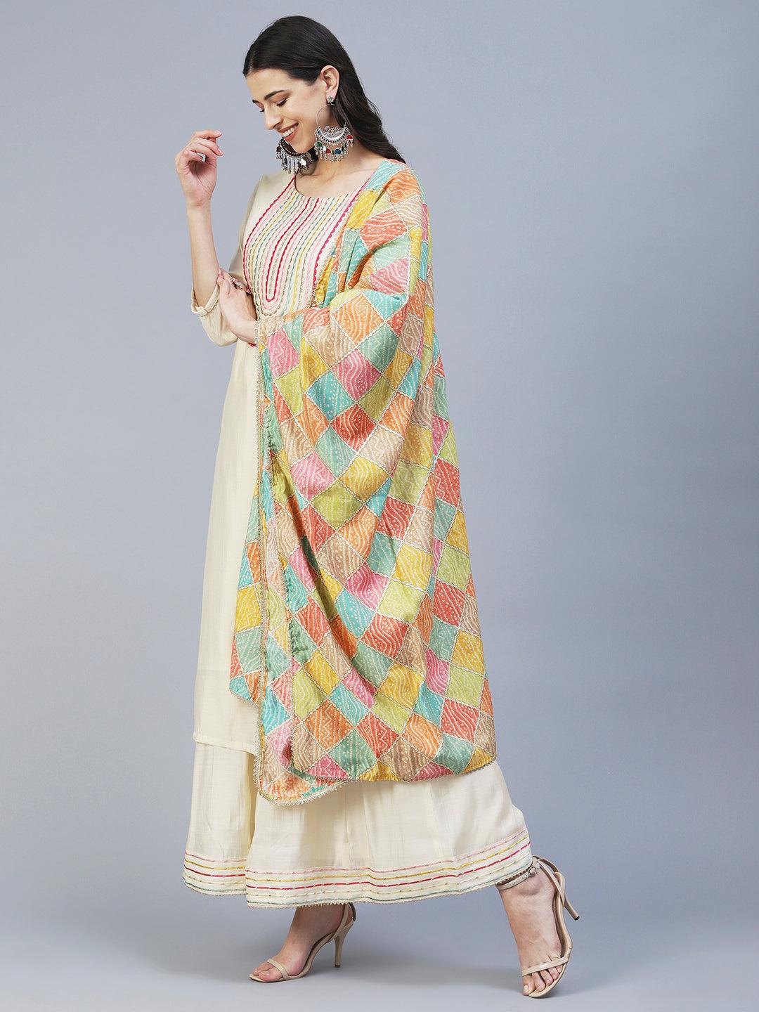 Solid Resham Embroidered Kurta With Palazzo & Printed Dupatta - Cream - Indiakreations