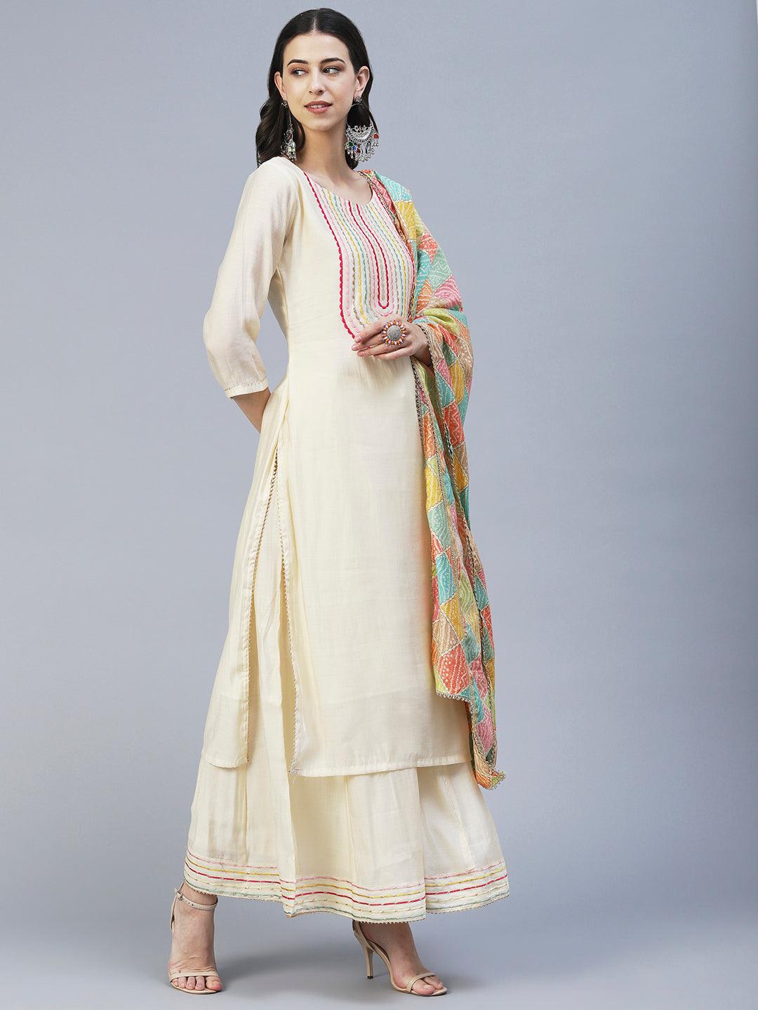 Solid Resham Embroidered Kurta With Palazzo & Printed Dupatta - Cream - Indiakreations