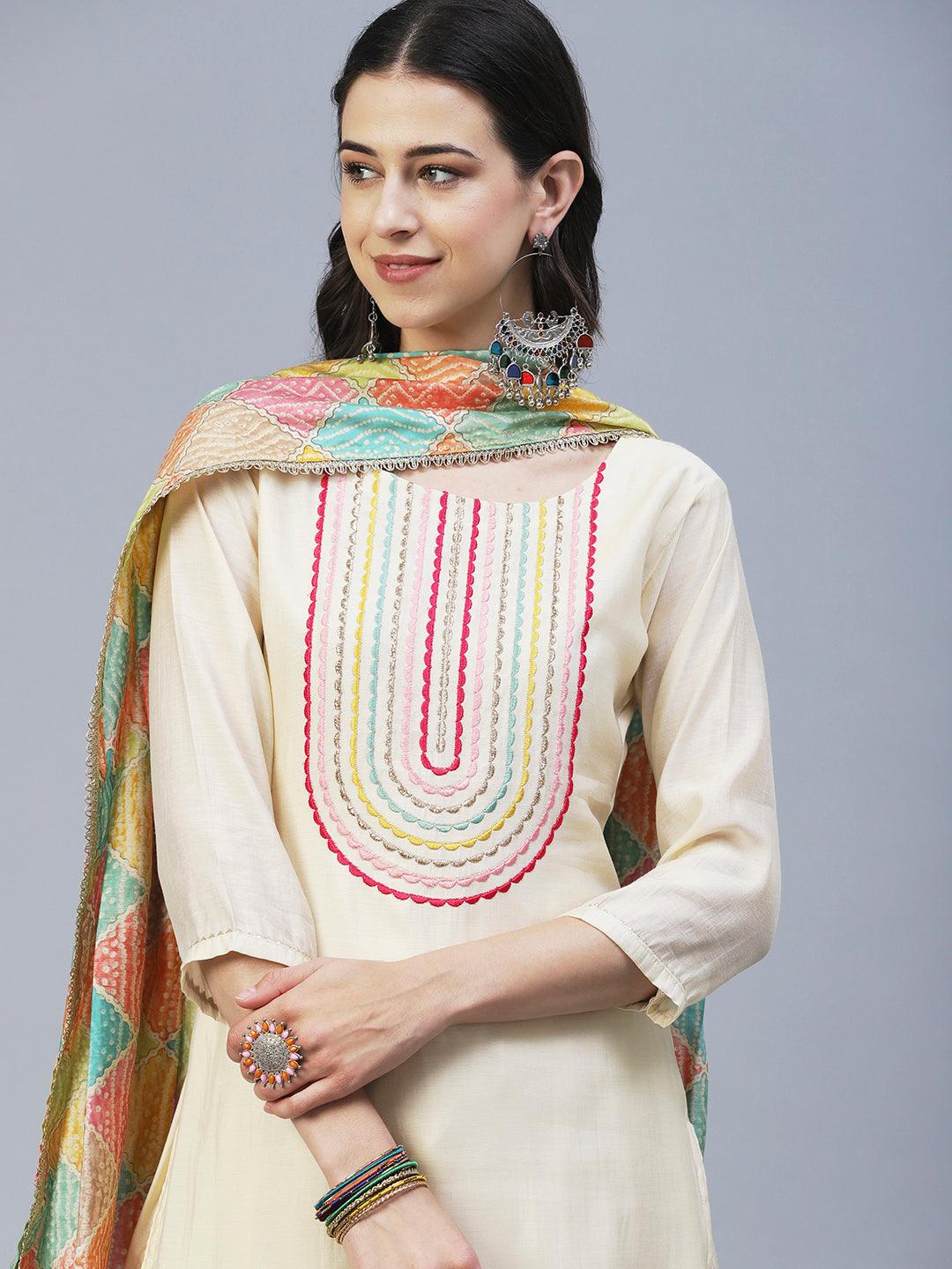 Solid Resham Embroidered Kurta With Palazzo & Printed Dupatta - Cream - Indiakreations