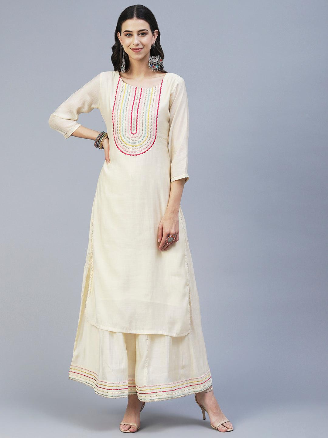 Solid Resham Embroidered Kurta With Palazzo & Printed Dupatta - Cream - Indiakreations