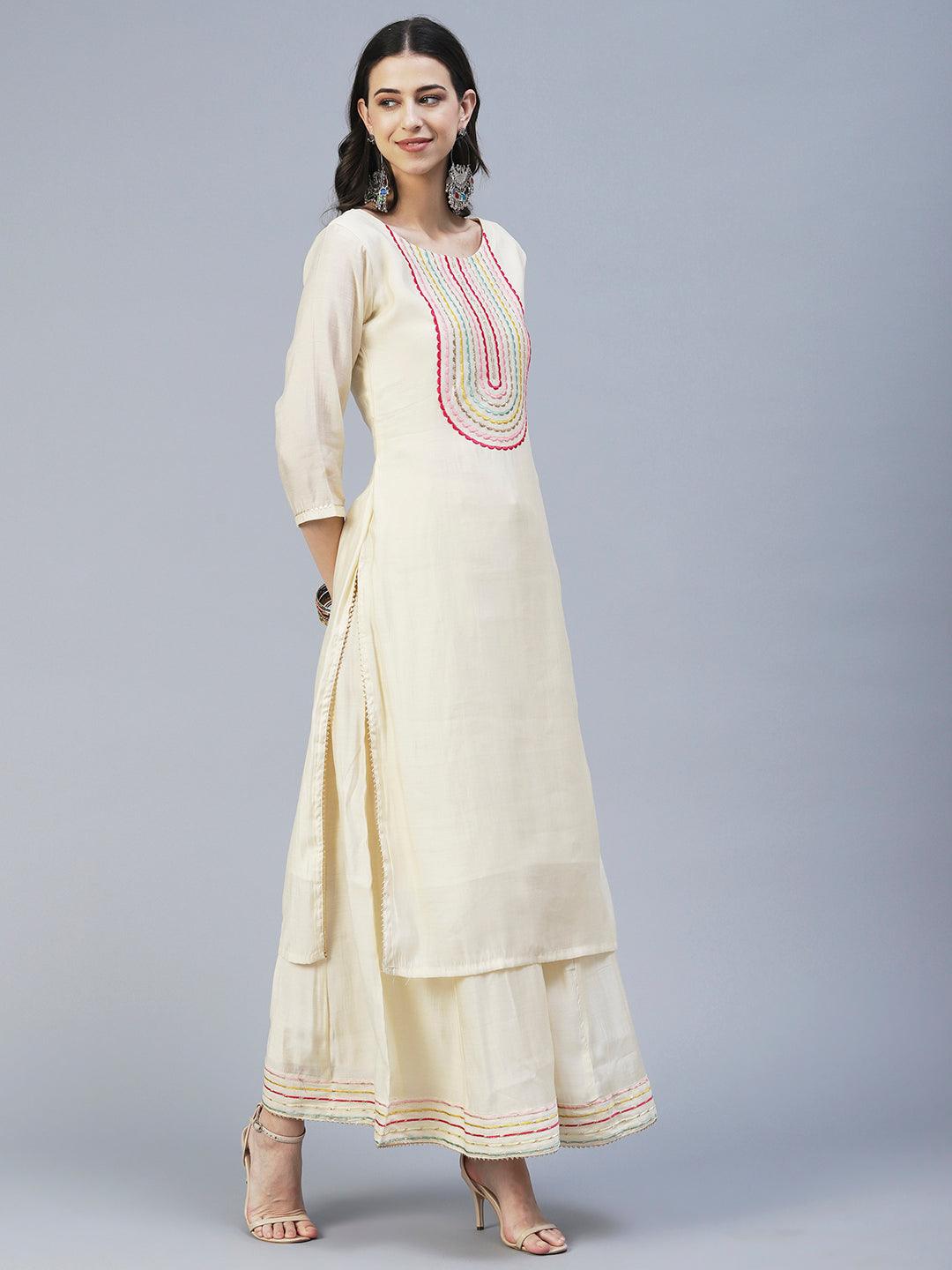 Solid Resham Embroidered Kurta With Palazzo & Printed Dupatta - Cream - Indiakreations